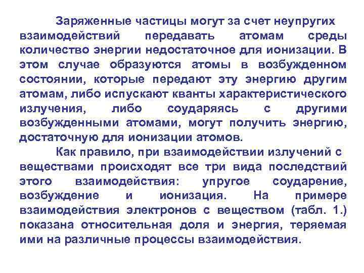 Заряженные частицы могут за счет неупругих взаимодействий передавать атомам среды количество энергии недостаточное для