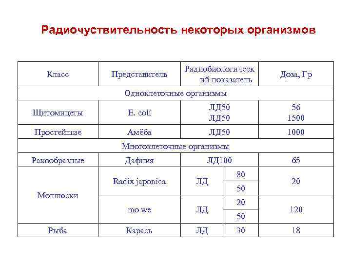 Радиочуствительность некоторых организмов Класс Представитель Радиобиологическ ий показатель Доза, Гр Одноклеточные организмы Щитомицеты E.