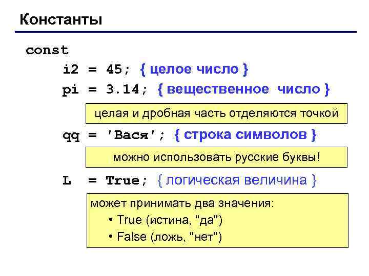 Константы const i 2 = 45; { целое число } pi = 3. 14;