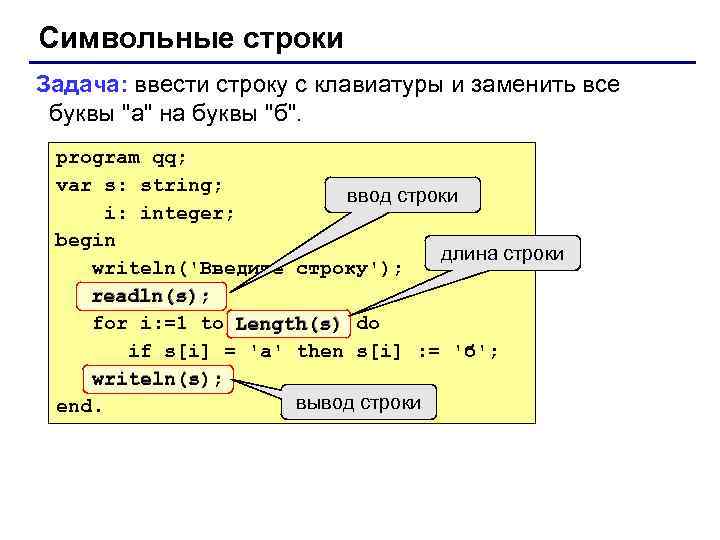 Символьные строки Задача: ввести строку с клавиатуры и заменить все буквы 