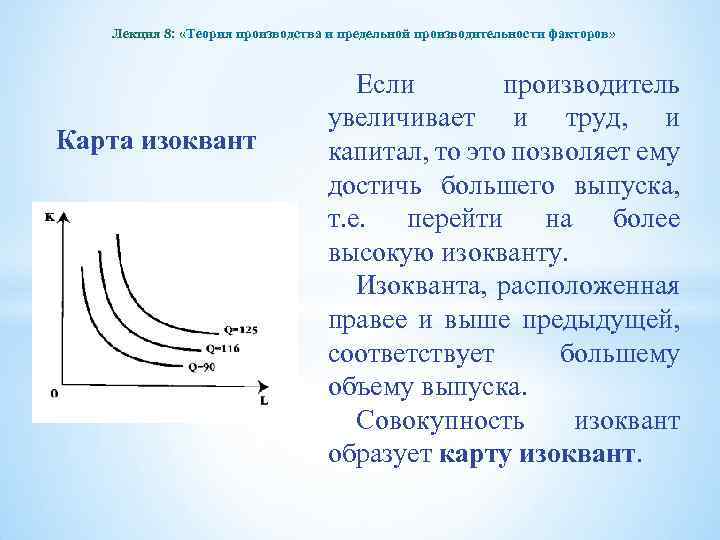 Лекция 8: «Теория производства и предельной производительности факторов» Карта изоквант Если производитель увеличивает и