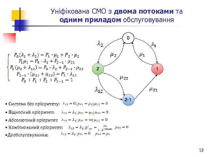 Уніфікована СМО з двома потоками та одним приладом обслуговування • Система без пріоритету: •