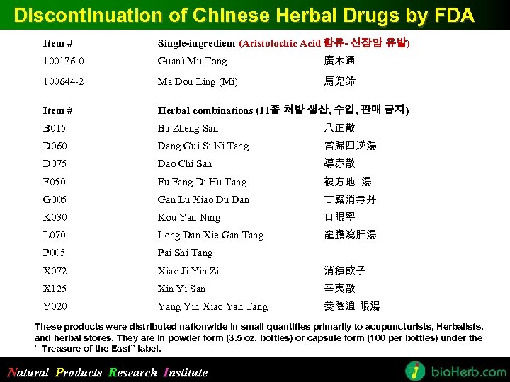 Discontinuation of Chinese Herbal Drugs by FDA Item # Single-ingredient (Aristolochic Acid 함유- 신장암