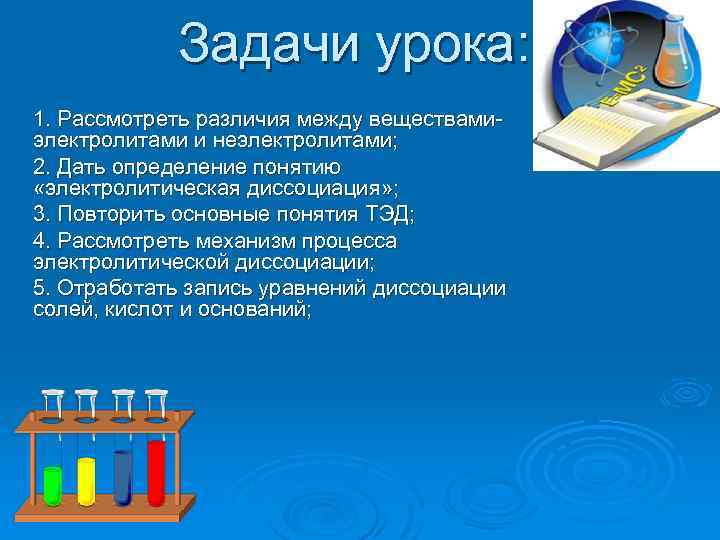 Задачи урока: 1. Рассмотреть различия между веществамиэлектролитами и неэлектролитами; 2. Дать определение понятию «электролитическая
