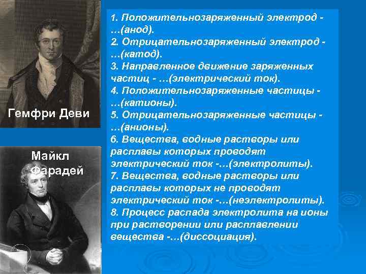 1. Положительнозаряженный электрод -- Гемфри Деви Майкл Фарадей …(анод). … 2. Отрицательнозаряженный электрод …(катод).