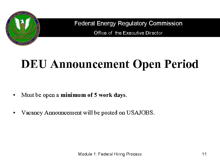 Federal Energy Regulatory Commission Office of the Executive Director DEU Announcement Open Period •
