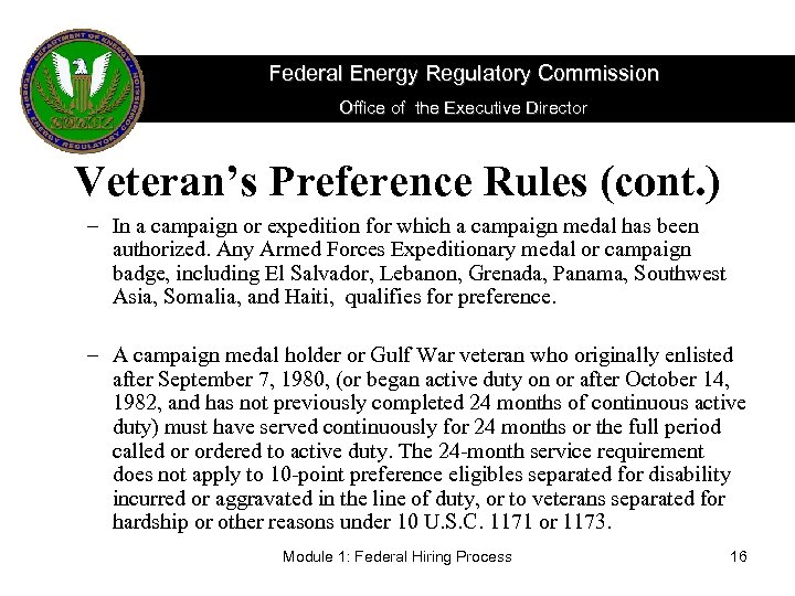 Federal Energy Regulatory Commission Office of the Executive Director Veteran’s Preference Rules (cont. )