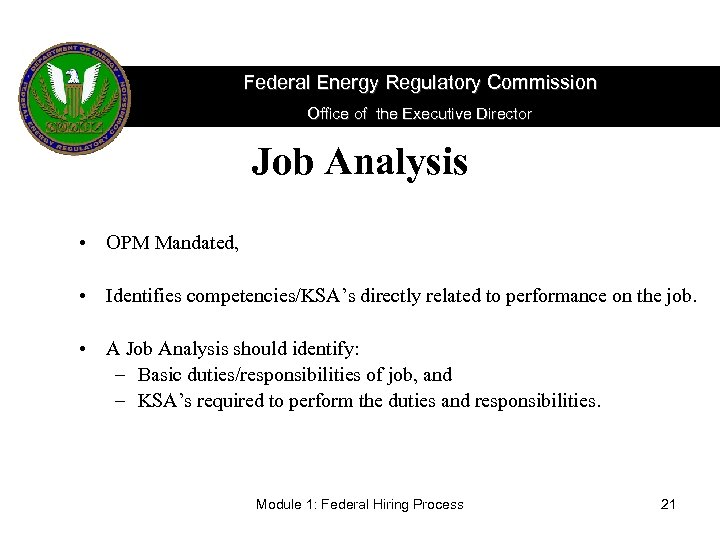 Federal Energy Regulatory Commission Office of the Executive Director Job Analysis • OPM Mandated,