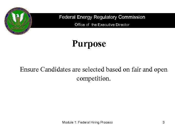 Federal Energy Regulatory Commission Office of the Executive Director Purpose Ensure Candidates are selected