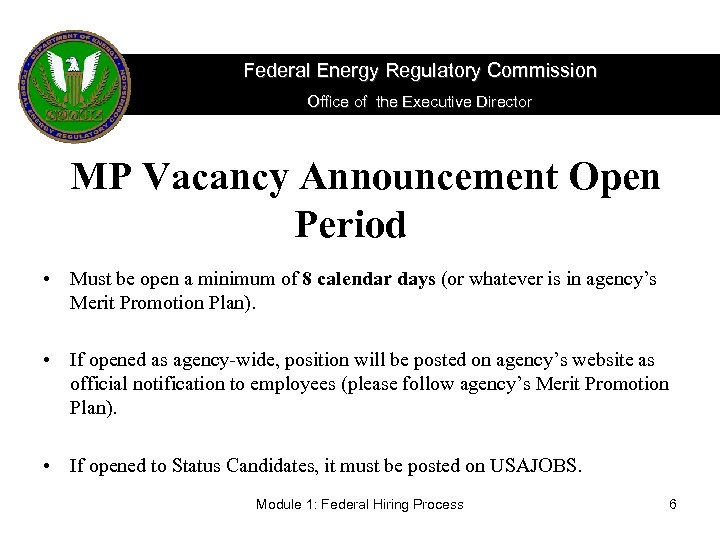 Federal Energy Regulatory Commission Office of the Executive Director MP Vacancy Announcement Open Period
