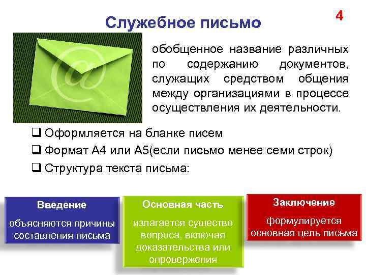 4 Служебное письмо обобщенное название различных по содержанию документов, служащих средством общения между организациями