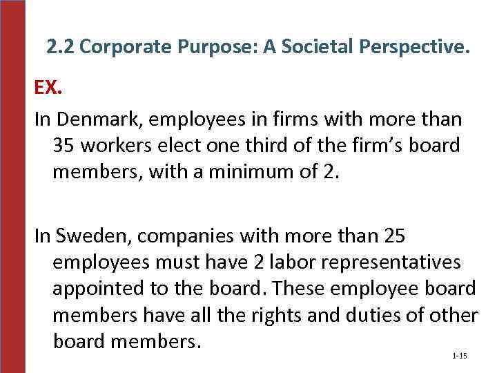 2. 2 Corporate Purpose: A Societal Perspective. EX. In Denmark, employees in firms with