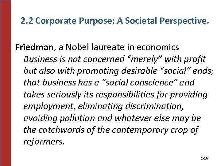 2. 2 Corporate Purpose: A Societal Perspective. Friedman, a Nobel laureate in economics Business