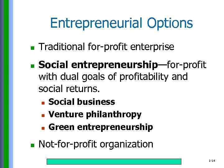 Entrepreneurial Options n n Traditional for-profit enterprise Social entrepreneurship—for-profit with dual goals of profitability