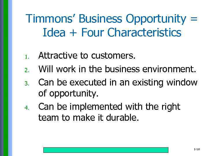 Timmons’ Business Opportunity = Idea + Four Characteristics 1. 2. 3. 4. Attractive to