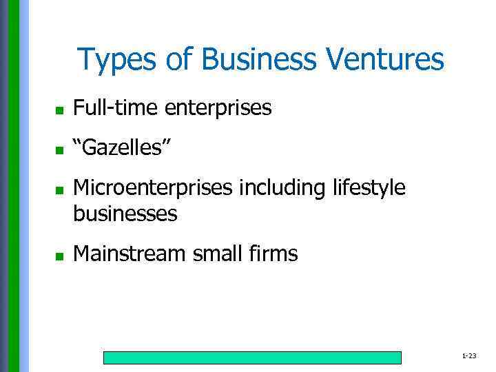 Types of Business Ventures n Full-time enterprises n “Gazelles” n n Microenterprises including lifestyle