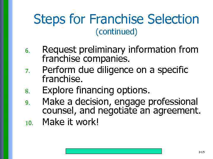 Steps for Franchise Selection (continued) 6. 7. 8. 9. 10. Request preliminary information from