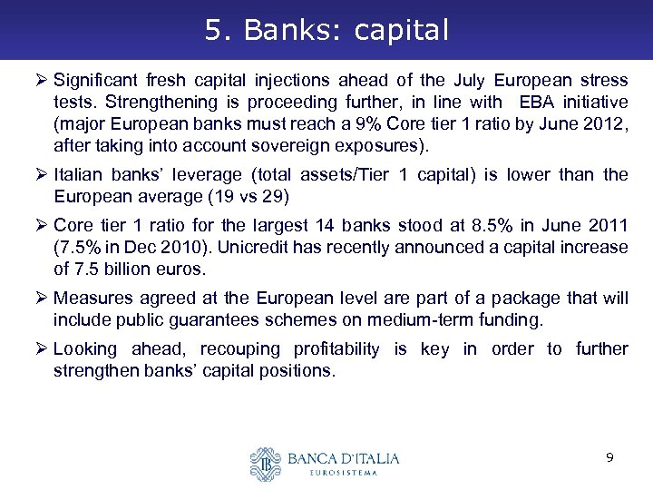 5. Banks: capital Ø Significant fresh capital injections ahead of the July European stress