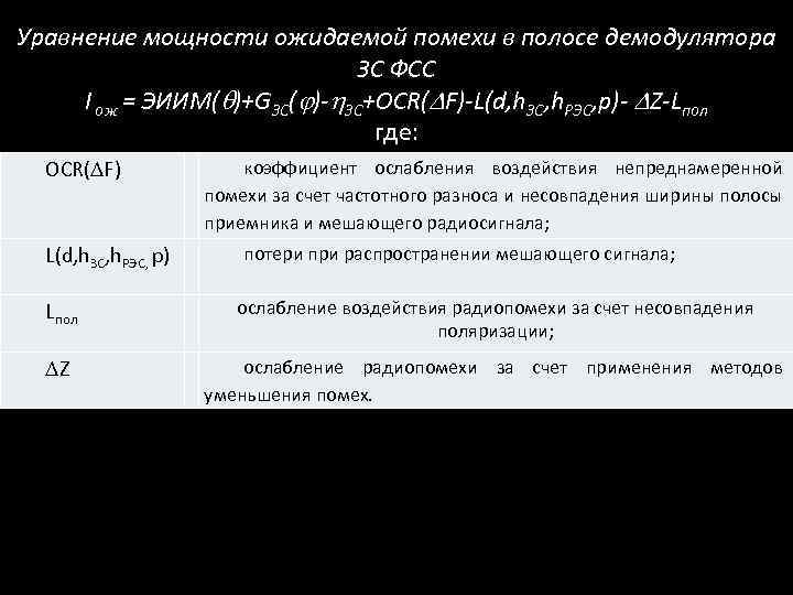 Уравнение мощности ожидаемой помехи в полосе демодулятора ЗС ФСС I ож = ЭИИМ( )+GЗС(