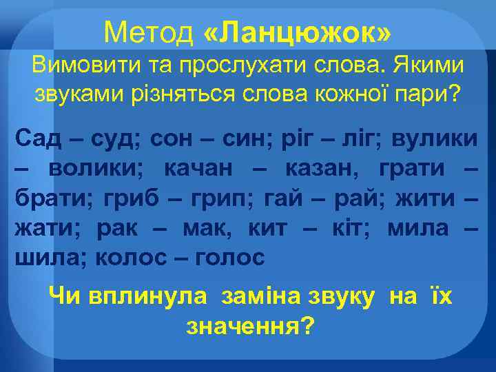 Метод «Ланцюжок» Вимовити та прослухати слова. Якими звуками різняться слова кожної пари? Сад –