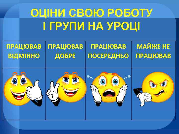 ОЦІНИ СВОЮ РОБОТУ І ГРУПИ НА УРОЦІ ПРАЦЮВАВ ВІДМІННО ДОБРЕ ПОСЕРЕДНЬО МАЙЖЕ НЕ ПРАЦЮВАВ