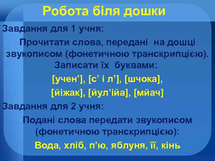 Робота біля дошки Завдання для 1 учня: Прочитати слова, передані на дошці звукописом (фонетичною