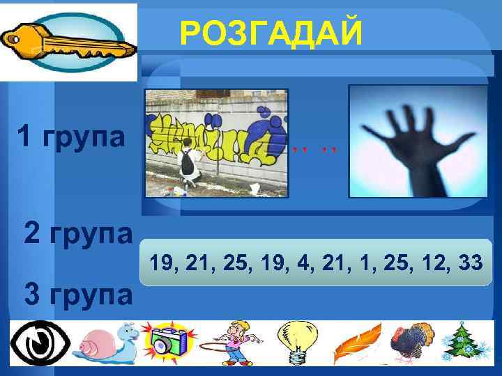 РОЗГАДАЙ 1 група 2 група 19, 21, 25, 19, 4, 21, 1, 25, 12,