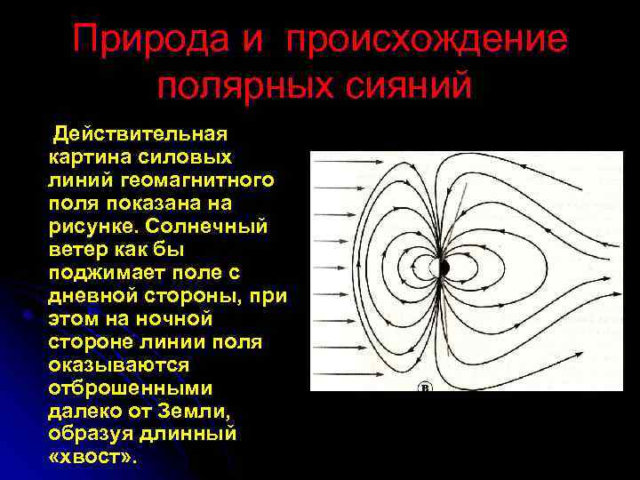 Природа и происхождение полярных сияний Действительная картина силовых линий геомагнитного поля показана на рисунке.