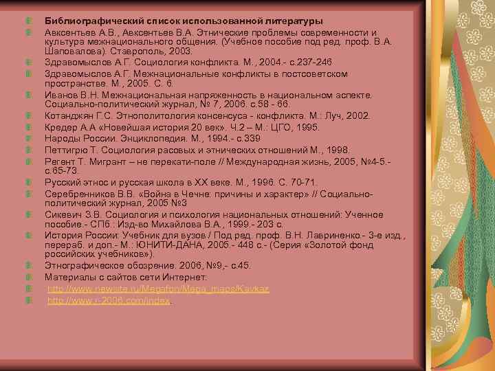 Библиографический список использованной литературы Авксентьев А. В. , Авксентьев В. А. Этнические проблемы современности
