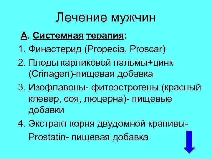 Лечение мужчин А. Системная терапия: 1. Финастерид (Propecia, Proscar) 2. Плоды карликовой пальмы+цинк (Crinagen)-пищевая