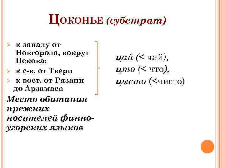 ЦОКОНЬЕ (Субстрат) Ø Ø Ø к западу от Новгорода, вокруг Пскова; к с-в. от