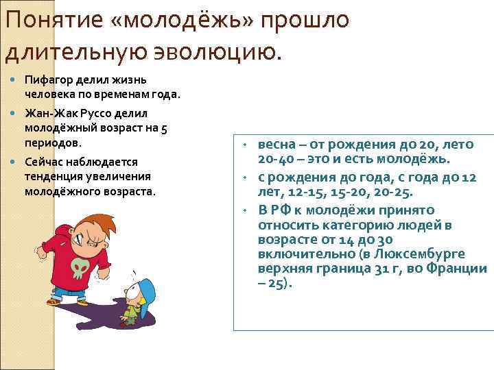 Понятие «молодёжь» прошло длительную эволюцию. Пифагор делил жизнь человека по временам года. Жан-Жак Руссо