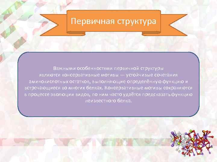 Первичная структура Важными особенностями первичной структуры являются консервативные мотивы — устойчивые сочетания аминокислотных остатков,