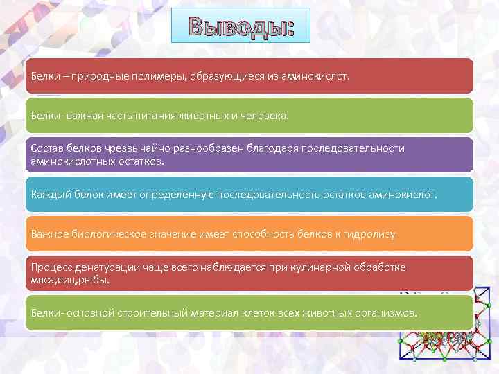 Выводы: Белки – природные полимеры, образующиеся из аминокислот. Белки- важная часть питания животных и