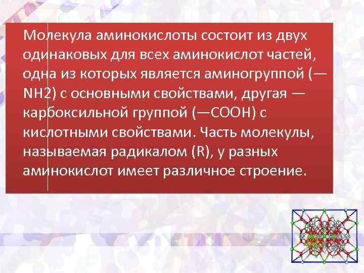 Молекула аминокислоты состоит из двух одинаковых для всех аминокислот частей, одна из которых является