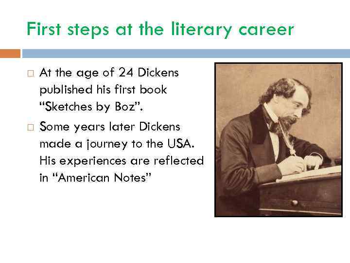 First steps at the literary career At the age of 24 Dickens published his