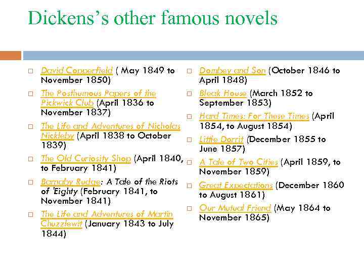 Dickens’s other famous novels David Copperfield ( May 1849 to November 1850) The Posthumous