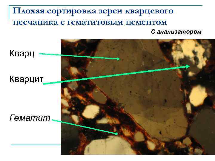 Плохая сортировка зерен кварцевого песчаника с гематитовым цементом С анализатором Кварцит Гематит 
