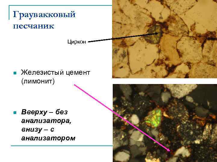 Граувакковый песчаник Циркон n Железистый цемент (лимонит) n Вверху – без анализатора, внизу –