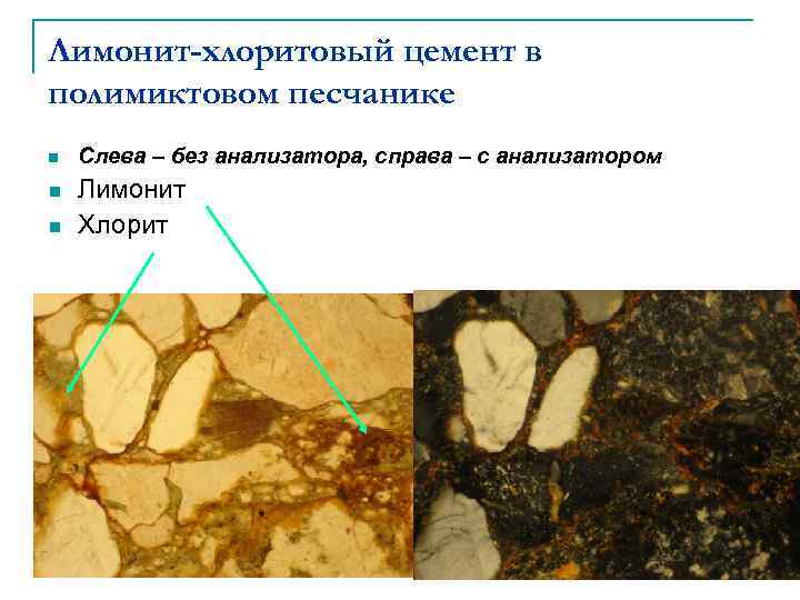 Лимонит-хлоритовый цемент в полимиктовом песчанике n n n Слева – без анализатора, справа –