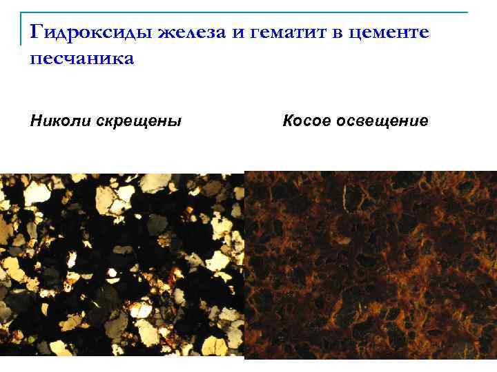Гидроксиды железа и гематит в цементе песчаника Николи скрещены Косое освещение 