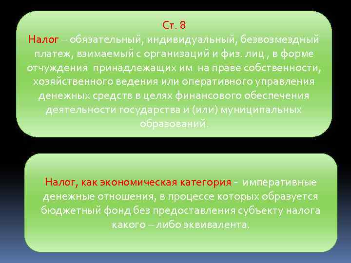 Ст. 8 Налог – обязательный, индивидуальный, безвозмездный платеж, взимаемый с организаций и физ. лиц