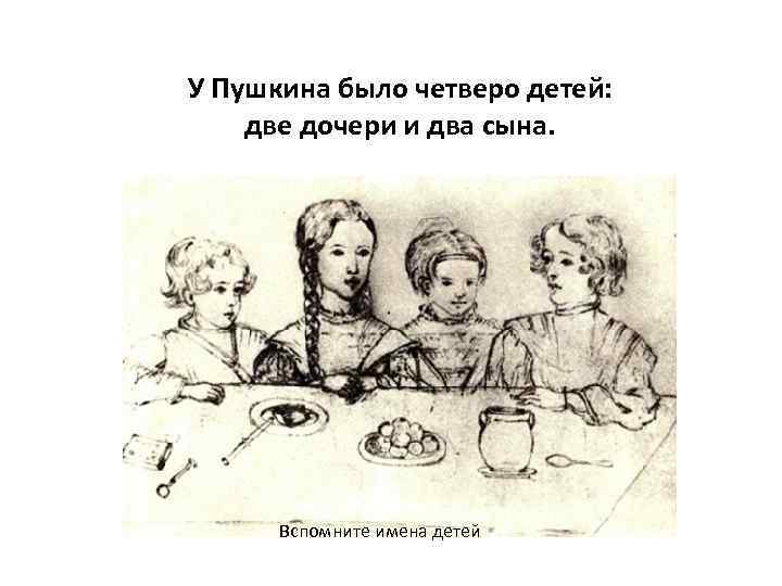 У Пушкина было четверо детей: две дочери и два сына. Вспомните имена детей 