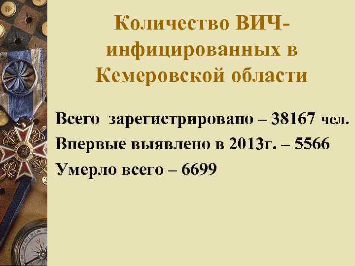 Количество ВИЧинфицированных в Кемеровской области Всего зарегистрировано – 38167 чел. Впервые выявлено в 2013