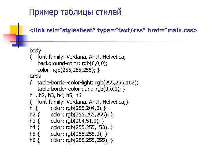 Пример таблицы стилей <link rel=”stylesheet” type=”text/css” href=”main. css> body { font-family: Verdana, Arial, Helvetica;