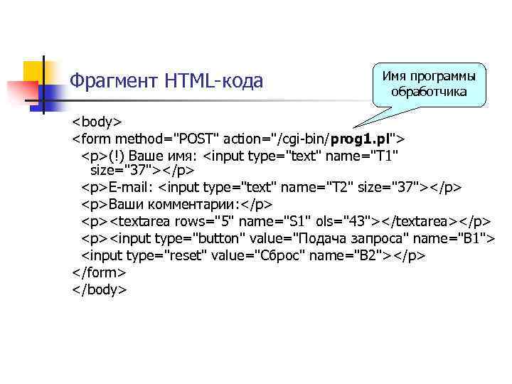 Фрагмент HTML-кода Имя программы обработчика <body> <form method="POST" action="/cgi-bin/prog 1. pl"> <p>(!) Ваше имя:
