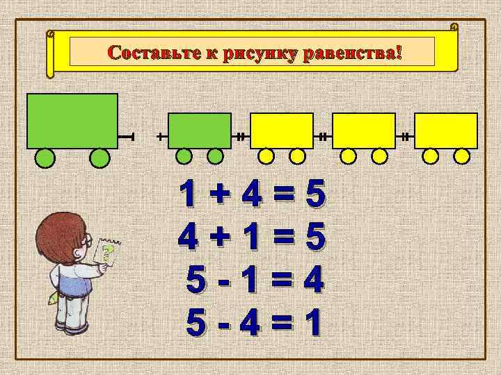 Составьте к рисунку равенства! 1+4=5 4+1=5 5 -1=4 5 -4=1 