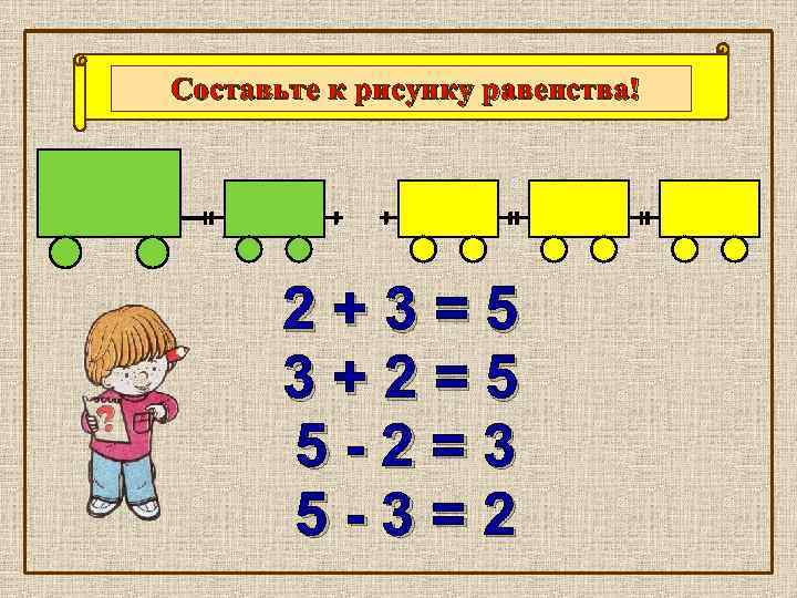 Составьте к рисунку равенства! 2+3=5 3+2=5 5 -2=3 5 -3=2 