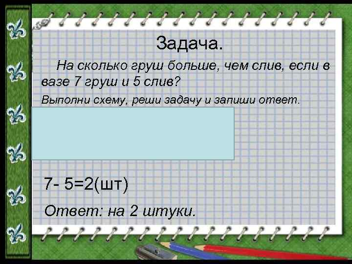 Задача. На сколько груш больше, чем слив, если в вазе 7 груш и 5