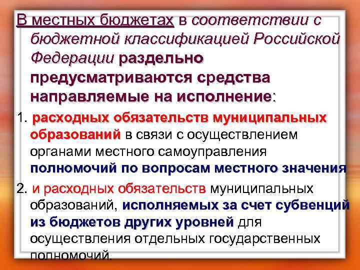 В местных бюджетах в соответствии с бюджетной классификацией Российской Федерации раздельно предусматриваются средства направляемые